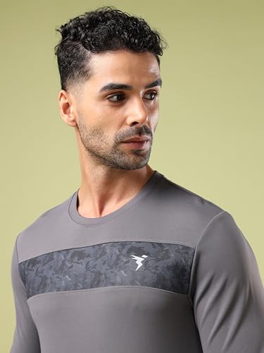 Image of TECHNOSPORT Men Polyester Self Design Chest Print Slim Fit Long Sleeve T-Shirt for Gym, Workout and Regular Use with SPF50+