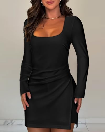 Women's Bodycon Mini Party Dress with Shorts Square Neck Long Sleeves Twisted Back Zipper Slim Fit Dresses2