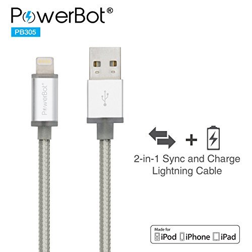 [MFi Apple Certified] PowerBot PB305 Smart LED Lightning Sync & Charge USB Cable, High-Performance 2-in-1 Function, LED Light Charging Indicator, Braided Cable Design