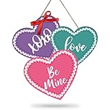 Whaline Valentine's Day Heart Door Hanger Conversation Heart Shaped Wall Plaque Be Mine XOXO Love Wood Hanging Sign Wreath Sign for Wedding Anniversary Home Indoor Outdoor Wall Window Decoration