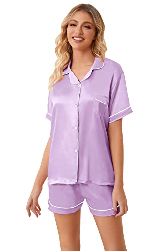 Image of Umeyda Women & Girls Pajamas Set, Soft Satin Lightweight Silk Button-Down Top with Shorts 2 Piece PJS for Mom Boys Kids Gifts