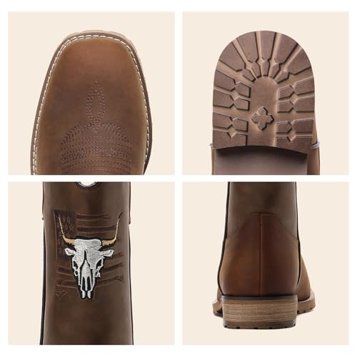 Image of JASONSTAR Western Cowboy Boots for men, Vintage Distressed Brown Square Toe Mid-Calf Boots with Longhorn Skull American Flag Embroidery, Non-Slip Rubber Sole Comfortable for Riding Outdoor Daily Wear