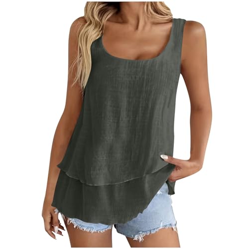 Tank Top Damen Sommer,V-Ausschnitt Doppelter Saum Leinenbluse Elegante Ärmellose Shirts Leinenshirt Baumwolle Einfarbige T-Shirts Basic Blusentop Musselin Tanktops für Urlaub Strand