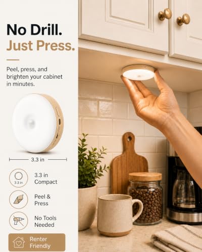 Image of EZVALO Under Cabinet Lighting, 1000mAh Rechargeable Puck Lights with Remote, 3 Color Temps & 12 RGB Motion Sensor Closet Lights Indoor, Dimmable Under Counter Lights for Kitchen (Wood Grain, 6 Packs)