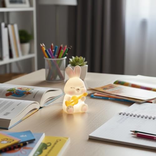 Image of Cute Guitar Rabbit Night Light Lamp - Yellow LED Decorative Lamp for Kids, Teens & Adults - Adorable Gift for Birthday, Valentine's Day, Christmas - Battery Included