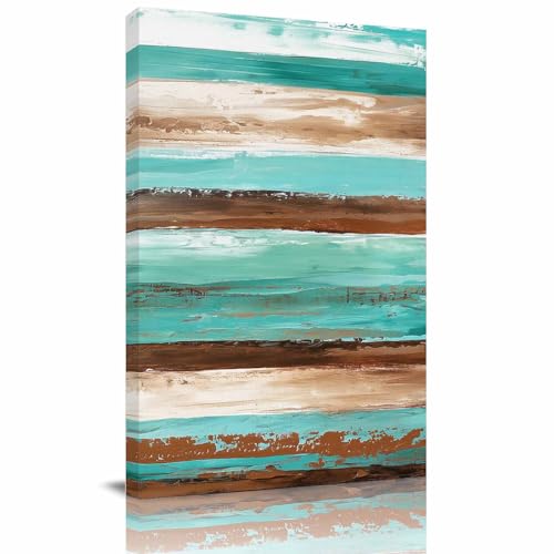 Ombre Teal Brown Wall Art Picture 12 x 8 Inch Painting on Canvas, Framed Wall Decoration Picture Artwork for Living Room Bedroom Decor, Abstract Watercolor Wood Grain