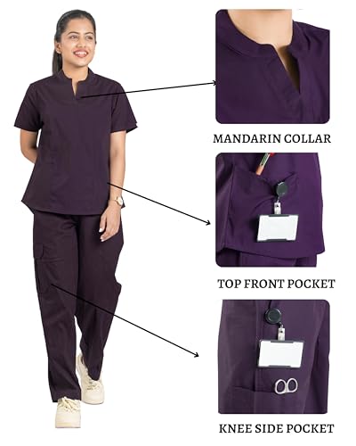 Image of Flexi Women Medical Scrub Set | 5 Pockets | Cotton Lycra Doctor Scrubs | Y-Neck Top | Straight Pants | Hospital Uniform for Doctors & Nurses