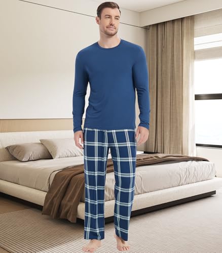Image of NACHILA Pajamas for Men-Viscose Made from Bamboo, Long Sleeve Pajamas Set Comfy Sleepwear Pants Soft V Neck Pjs with Pockets