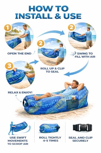 Image of Outdoor Inflatable Lounger with Air-Fill Design, Side Pocket and Carry Bag (Blue)