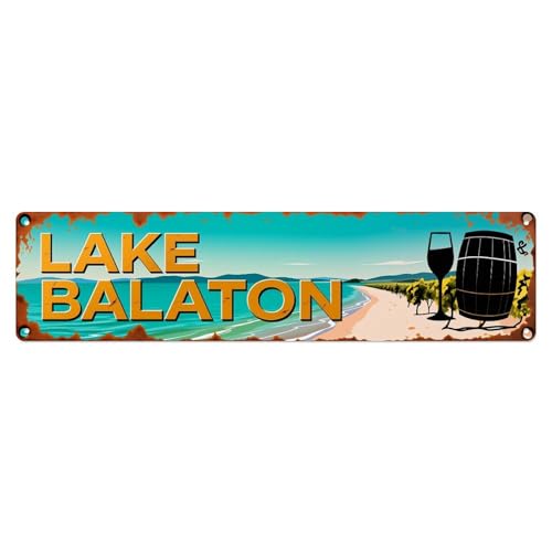 Lake Balaton Wine Barrel Beach Retro Tin Sign Vintage Metal Poster Home Bar Office Kitchen Club Wall Decoration 4x16 inch