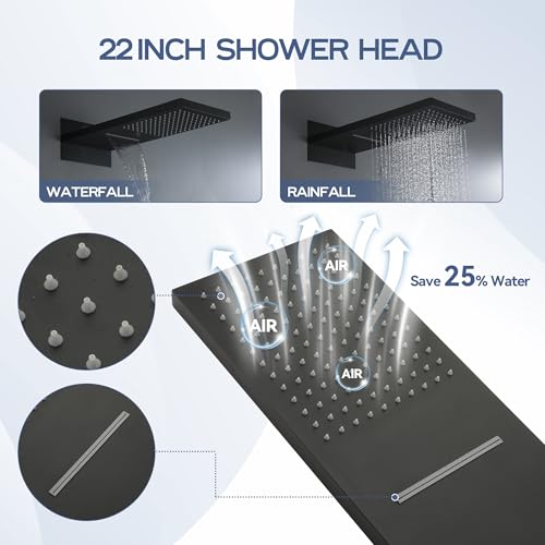 CASAINC Ducha de 22 pulgadas con cobertura grande, tipo cascada y lluvia, sistema de ducha de pared acabado negro mate miniatura 6