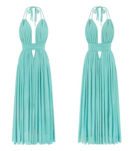 Image of R.Vivimos Boho Maxi Dresses for Women 2026 Summer Sleeveless Halter Elastic Waist Sexy Backless Front Slit Flowy Long Dresses