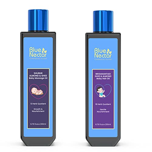 Blue Nectar Natural Baby Oil Combo Products with Baby Body Massage Oil 6.76 fl oz and Baby Hair Oil 6.76 fl oz