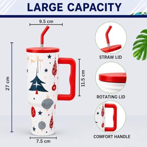 Image of Stainless Steel 1200 ml Vacuum Tumbler with Lid & Straw - Double‑Wall Insulated Cup for Travel, Gym & Office - Keeps Beverages Hot or Cold - 1.2 L Capacity (Cristmas Red)