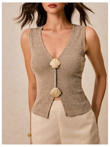 SHENHE Women's Ribbed Sweater Vest Split Hem Gold Metal V Neck Dressy Going Out Knit Top4