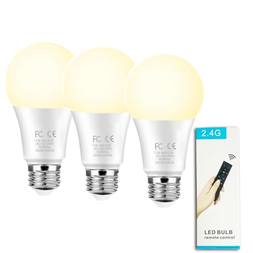 GRV 12 W A60 Bombilla inteligente con mando a distancia de 2,4 GHz, cambio de color bombilla LED, regulable 3000-6500 K, 1000 LM,base E27, Home Decor,1 mando a distancia y 3 bombillas