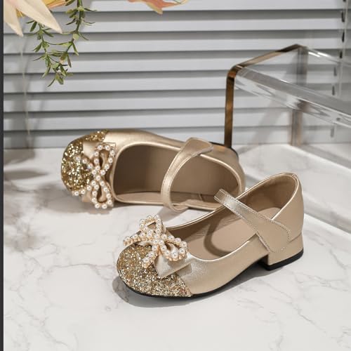 IWIHMIV Girls Dress Mary Jane Shoes Flower Girls Wedding Party Low Chunky Heels Leather Shoes with Bow for Toddler3