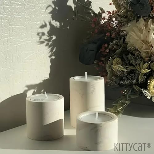 Image of Kitty Cat Aesthetic Tealight Candle Holder Set of 3 | Handmade White Concrete Candle Stand | Minimal Scandinavian Home Decor | Desk & Table Accent for Festivals, Cafes & Bedrooms