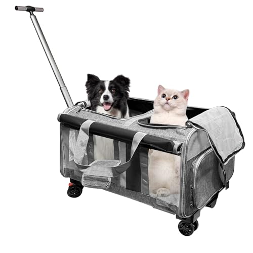 Umelee Transportbox für 2 Katzen/Hunde, mit 2 Fächern + 4 Rädern + Teleskopgriff, Faltbare Große Katzentransportbox bis 20 kg, Ideal für...