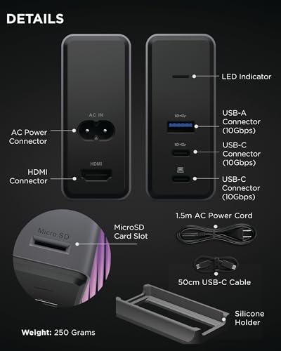 Image of Lenovo GaN Charging Dock, Multiport Docking Station w / 60W PD, HDMI, USB-C, USB-A, Micro SD, Power Adapter & Dock in One, Compact Design, Sustainable Materials, Home Office Gaming Dock Stand Console