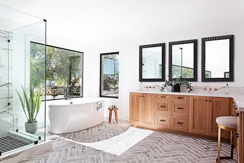 Image of Modern Wooden Black Bathroom Mirror, 37 inchx25 inch Mirror Wall Decor, Rectangular Relief Frame, Tempered Glass, Vintage Farmhouse Style for Living Room /Entryway /Bedroom