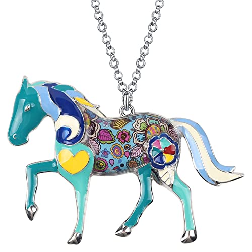 BONSNY Enamel Running Horse Necklace Pendant Chain Zinc Alloy Animal Lovers Design 18" (Blueness)