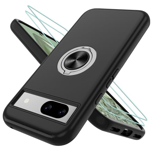 Pilaru Handyhülle für Google Pixel 8A Hülle mit 2 Stück Schutzfolie[360 Unsichtbarem Drehbarem Ständer] TPU + PC Stoßfest Schutzhülle Handyhülle für Pixel 8A-Schwarz