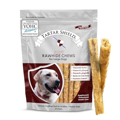 Tartar Shield Soft Rawhide Chews | Safe Dental Treats for Large Dogs | Vet VOHC Approved | Daily Bone Cleans Teeth & Gums Fresh Breath Oral Health Support | USA Made | (Large Dogs / 24 Count)