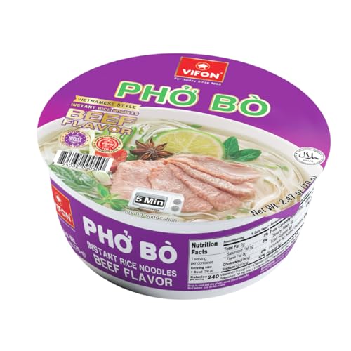 VIFON Pho Bo Vietnamese Beef Flavor Rice Noodle Bowl, 70g (Pack of 12) | Authentic Vietnamese Instant Pho | Halal Certified | Includes Seasoning & Oil Packets | Ready in 3 Minutes