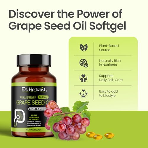 Image of Dr. HERBALIST Grape Seed Oil Capsules 1600mg - Cold Pressed Vitis Vinifera with OPC Proanthocyanidins | Supports Antioxidant Wellness & Cardiovascular Health* | Halal | 60ct