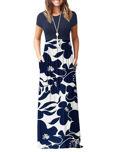Image of MISFAY Women's Short Sleeve Maxi Dresses Long Casual Dresses with Pockets | Empire Elastic Waist, Crew Neck, Floor Length, Strentchy Flowy A Line Fit, Loose Plain Summer Outfits, Vacation Wear