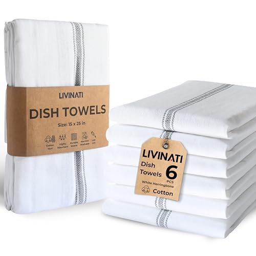 LIVINATI Bulk Kitchen Towels Cotton for Chefs in Commercial Restaurants - 15"X25" - 6 Pack - White Linen Tea Dish Towels - Lint Free Soft Absorbent Center Gray Striped Herringbone Weave Towles