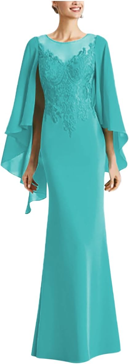 Women's Sheath Mother of the Bride Elegant Dress Jewel Neck Long Chiffon Wedding Guest Dress with Appliques