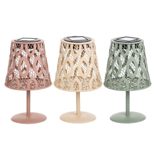 LOLAhome Set de 3 lámparas solares LED de sobremesa | 3 lámparas de metal de 12x20cm, Naranja, Beige y Verde | Panel solar, bateria autorrecargable y autoencendido | Para Exterior | Sherezade