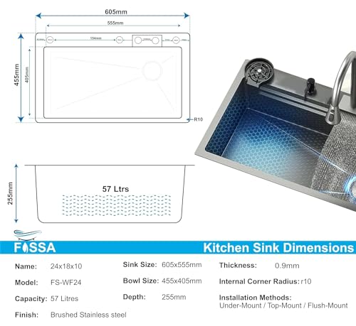 Image of Fossa 24 inchx18 inchx09 inch Single Bowl Waterfall Kitchen Sink Honeycomb Embossed Sink with Black Nano Coating, Stainless Steel, Rectangular Workstation, Faucet With Included All Accessories. (Black)