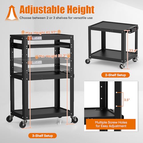 Image of AV Presentation Cart Stand for Video Projector,TV,Laptop Computers,Printers,Metal Construction Rolling Cart with Adjustable Shelves,4 Wheels,4 Outlets, 5.75ft Cord,Support 300 lbs,Black