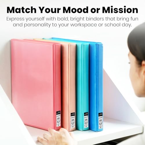 Yoobi 4 Pack Half Inch Binder Set, Multicolor, Up to 120 Sheets, Plastic Cover, D Rings, 2 Pocket Sleeves, School or Office Organizer