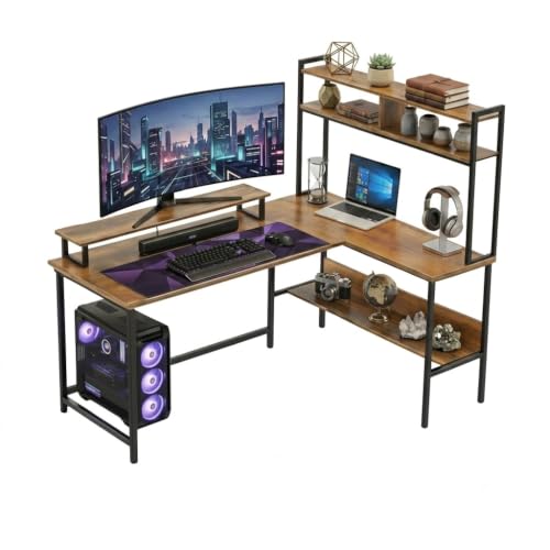 Image of TEKAVO Tonny L Shape Table for Home Office, Computer Table for Home Pc, L Shaped Office Table, Gaming Work Desk | with Book Shelf + Monitor Riser, Forest Wood, Metal (124 x 48 x 75 Cm) | DIY