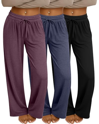 Neer 3 Pack Womens Baggy Sweatpants with Pockets Wide Leg Yoga Pants Cozy Thick Lounge Pants Drawstring Casual Loose Jogger(X-Large Purple Red Navy Blue Black)