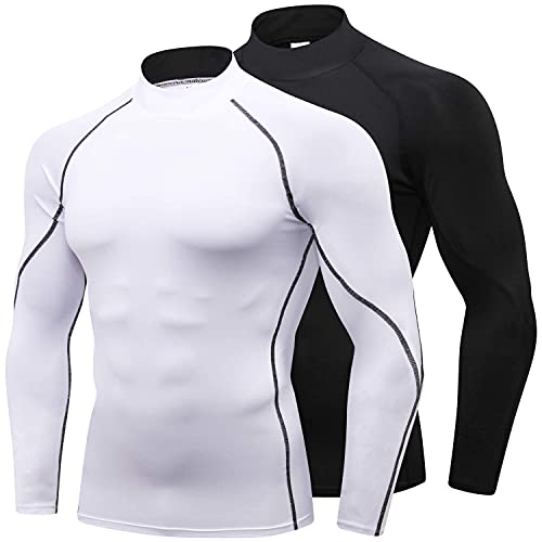 Mens 2 Pack Mock Turtleneck Compression Shirt Long Sleeve Dry Fit Uv Protection Cool Shirts Athletic Running Shirt #TOP25