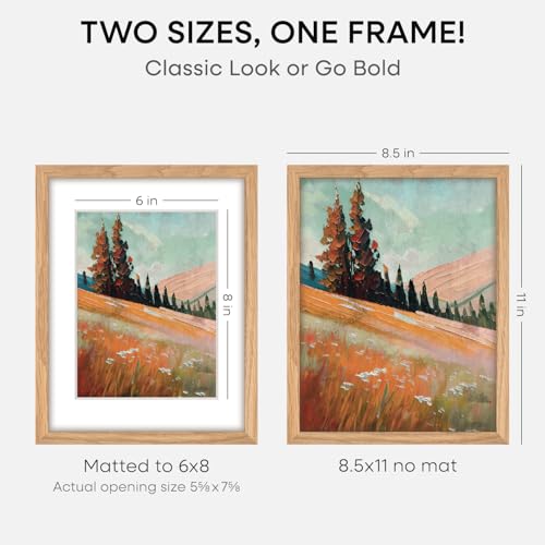 Image of Homeforia 8.5 by 11 Picture Frame Wood, High End Natural Oak 8.5x11 Light Wooden Frames with Mat 6x8 inch Photo, 8.5 x 11 Wall or Tabletop Frame Matted to 6 x 8 Art, Tempered Glass, Wall Kit, Set of 2