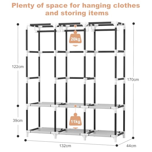 Vicye Armario de Ropa, Armario de Tela, armarios con Tapa, 3 Barras para Colgar, 6 estantes de Almacenamiento y Bolsillos Laterales, Tubo de Metal de 19 mm de diámetro, para Dormitorio - imagen 3