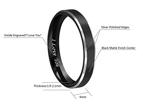 CROWNAL 4mm Black Tungsten Couple Wedding Bands Rings Men Women Polished Beveled Edges Matte Brushed Finish Engraved I Love You Size 3.5 To 17 (4mm,4.5) by CROWNAL - Image 2
