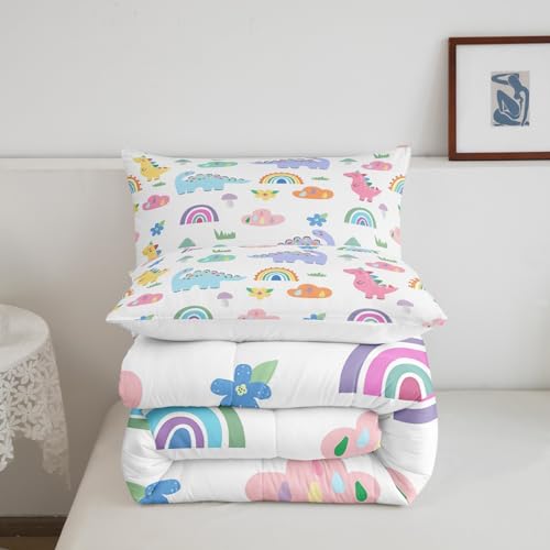 Image of Feelyou Cartoon Dino Kids Baby Comforter Set Full Size Jungle Dinosaur Animals Comforter Cute Colorful Rainbow Dino Girls Comforter Set Boys Nature Wildlife Duvet Set Nursery Toddler Quilt Set