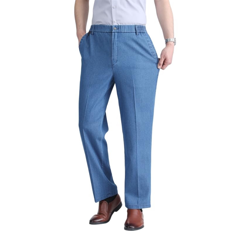 HBER Men's Elastic Waist Jeans for Seniors Straight Leg Relaxed Fit Casual Stretch Denim Pants with Zipper and Button