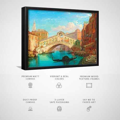 Image of ARTCREST Venice View of the Rialto Bridge Canvas Wall Painting | Large Black Framed Landscape Wall Art for Living Room, Office Walls & Hallway Interiors | Decorative Canvas Wall Decor (16x20 Inches)