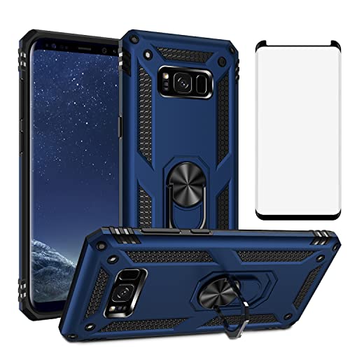 Asuwish Phone Case for Samsung Galaxy S8 Plus and Tempered Glass Screen Protector with Ring Holder Stand Hard Magnetic Metal Kickstand Glaxay S8plus S 8 8plus 8S Edge S8+ SM-G955U Women Men Blue