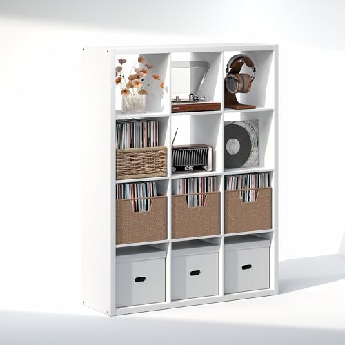 Image of Furinno Cubicle Record Player Stand, 12-Cube Vinyl Record Storage, White | Vinyl Storage, 1.2 inchInch Extra Thick, Open Back Media Shelf for CD DVD Bluray Game Disc, for Living Room, Home Office