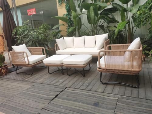 DRX Metal Outdoor 6 Seater Beige Rope Sofa Conversation Set with Ottomans and White Washable All Weather Waterproof Cushion Covers for Garden, Pool, Deck, Backyard, Lawn, Terrace DRX Metal Outdoor 6 Seater Beige Rope Sofa Conversation Set with Ottomans and White Washable All Weather Waterproof Cushion Covers for Garden, Pool, Deck, Backyard, Lawn, Terrace