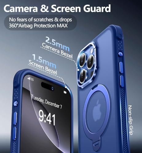 Reukdnv [Invisible 360° Spin Stand Magnetic Ring for iPhone 16 Pro Case [Compatible with MagSafe][Translucent Matte Back] Military Drop Protection Shockproof Cover with Kickstand 6.3", Deep Blue by Reukdnv - Used condition - Image 5